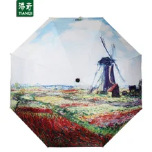 Картина маслом Голландия мельница узор Солнце Дождь Зонтик Дождь Женщины 3 складной утолщение Anti UV абстрактного искусства Артикул 04a1c04