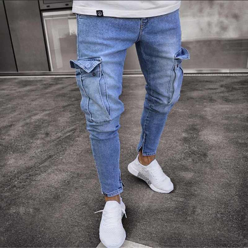 

Multi pocket Fashion Men Ripped Skinny Jeans Destroyed Frayed Slim Fit Denim Pant casual men slim jeans pants summer new