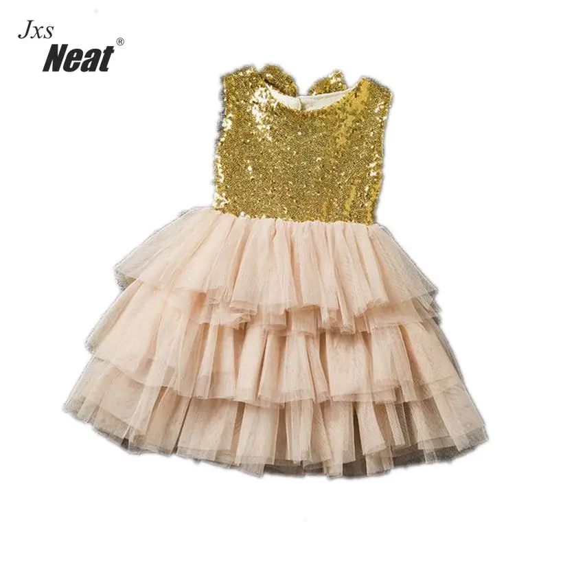 

Girl princess dress 2017 summer new brand banquet gift dress sequined lace lace pleat dress back hollow girl dress princes