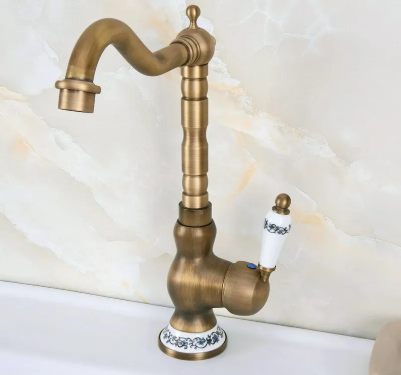 Vintage Retro Antique Brass Ceramic Base Kitchen Wet Bar Bathroom Vessel Sink Faucet Single Hole Swivel Spout Mixer Tap anf610