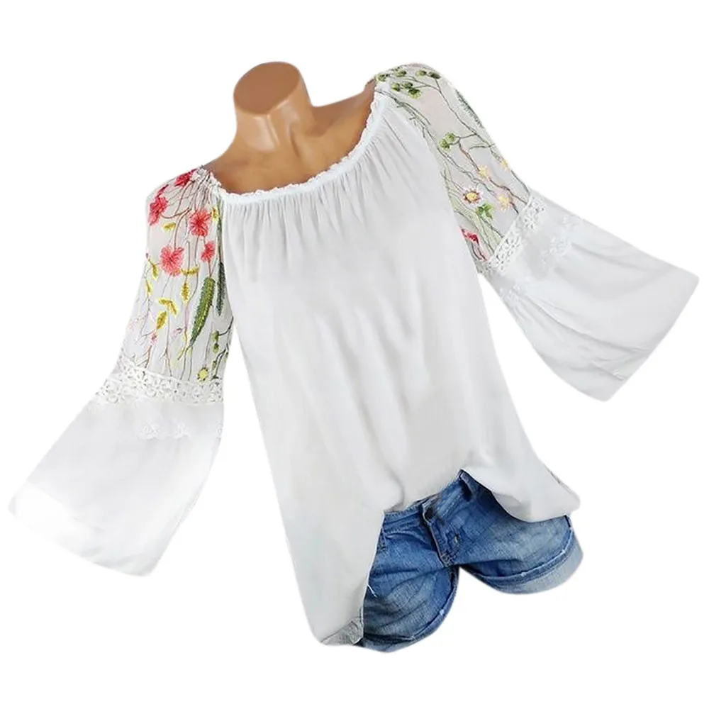 

2019 fashion women's O-neck shirt floral embroidered lace long-sleeved trumpet sleeves solid color large size shirt Drop #0313
