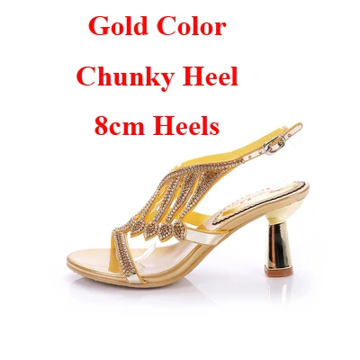 Gold Chunky Heels Летние Сандалии для девочек свадебная обувь мода коренастый пятки золотыми стразами свадебные туфли на высоком каблуке Роскошные партии плюс размеры 34–44 - Цвет: Gold Chunky Heels