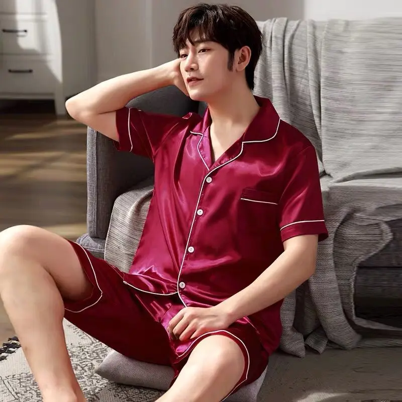

2 Piece/Set Men Thin Pajamas Set Silk Rayon Summer Sexy Pyjamas Man Shorts Shirt Stitch Lingerie 2019 Top Fashion Home Sleepwear