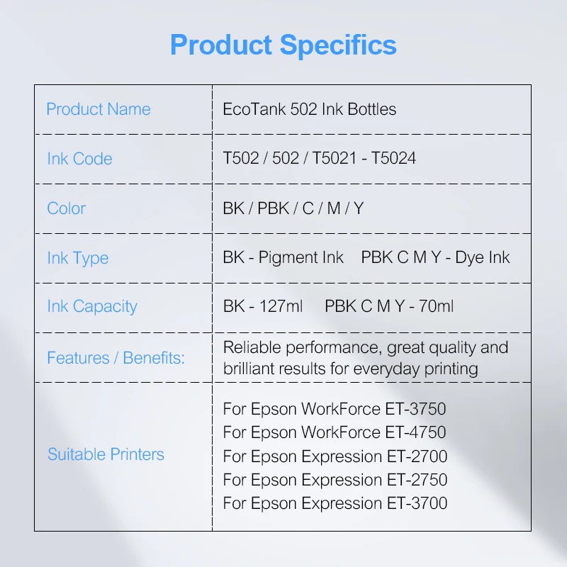 EcoTank 502 T502 бутылки с чернилами T5021 T5024 краска для заправки чернил для Epson рабочей силы ET-4750 ET-3750 выражение ET-2700 ET-3700 ET-2750