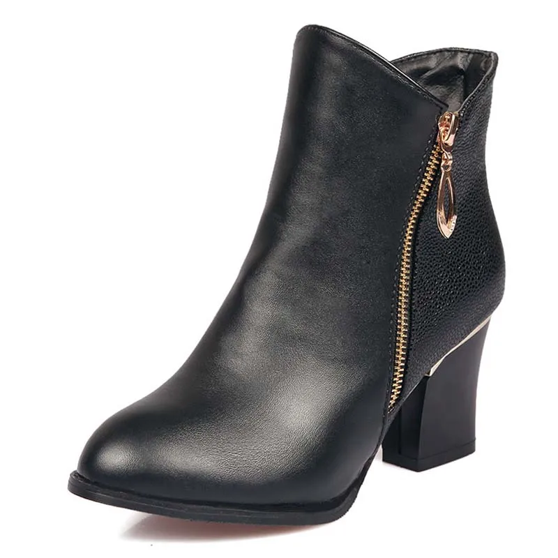 

Big Size 34-43 Advanced PU Leather Ankle Fashion Round Toe Zip  Square Heel Boots For Women 2-color New Women Boots