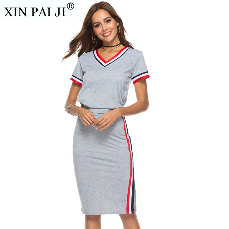 

2018 Summer O-Neck Short Sleeve T shirt 2 Piece Set Women Top & Split Pencil Skirt Co-Ord Ladies Elegant Twopiece