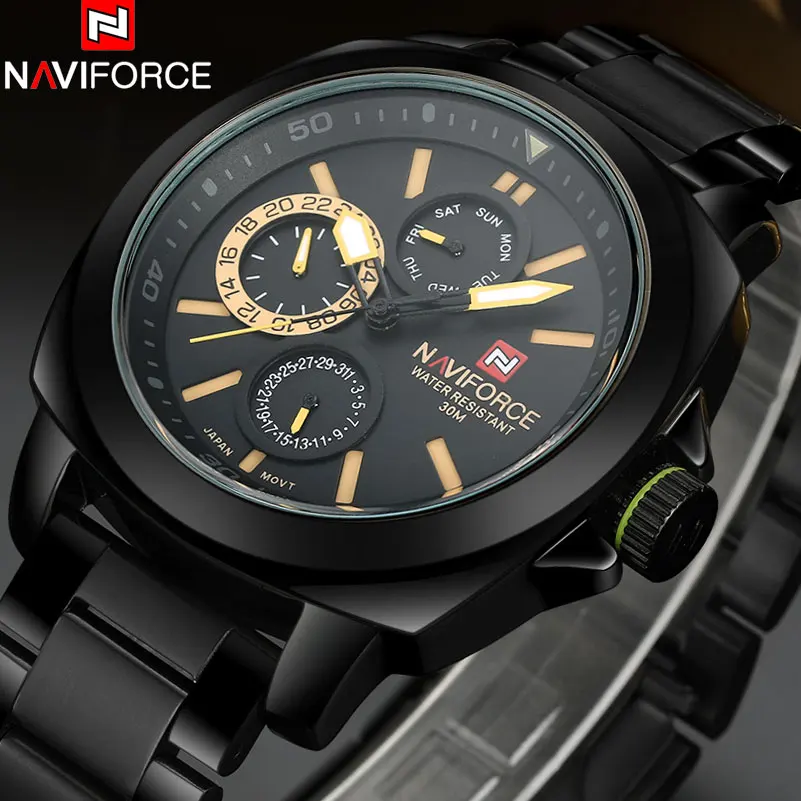 Prix pour 2017 Nouveau NAVIFORCE Chine marque De Luxe montres hommes 12/24 auto date quartz montre semaine mois noir jaune bande en acier plein horloge Prix pour 2017 Nouveau NAVIFORCE Chine marque De Luxe montres hommes 12/24 auto date quartz montre semaine mois noir jaune bande en acier plein horloge