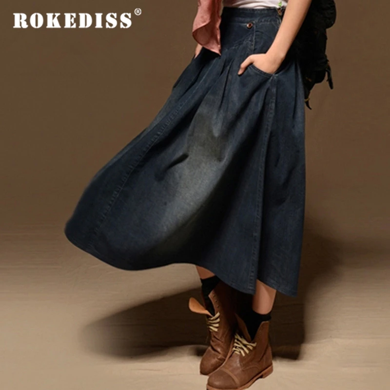 Donne Maxi Gonna Pocket Donna Casual Allentato Gonna Lunga Gonna di Jeans  Elastico In Vita Dell'annata di Modo Del Tutto fiammifero Gonne Lunghe Jean  TG210|denim skirt elastic waist|maxi skirt pocketslong jean skirts -