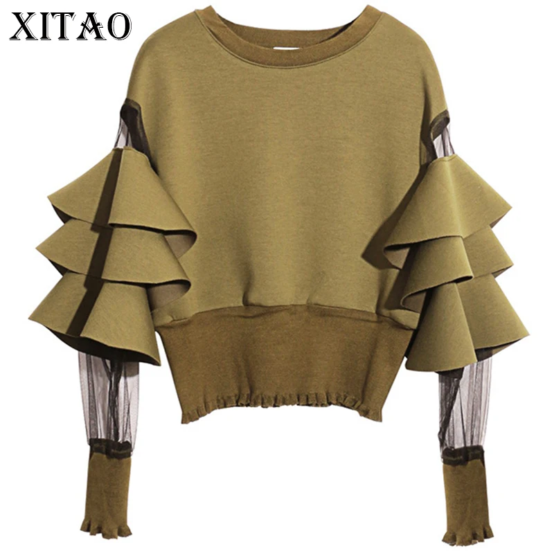 

[XITAO] 2019 Europe Autumn New Women Mesh Patchwork Perspective Full Butterfly Sleeve O-Neck Pullover Short Sweatshirts XWW168