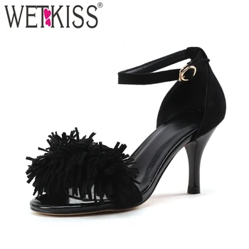

WETKISS 2018 Summer Ankle Strap Women Sandals Open Toe Tassel Footwear Fashion Thin High Heels Party Ladies Shoes Big Size 42