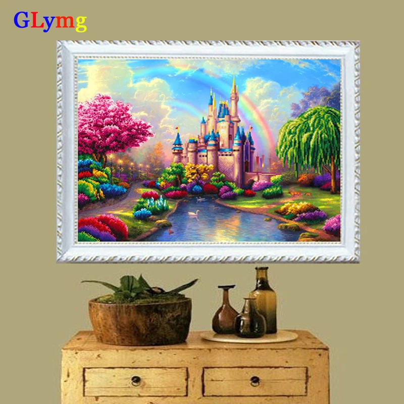 GLymg Diamond Embroidery Diy Handicrafts Diamond Painting Cross Stitch Dream Castle Rainbow House Round Children Picture Decor