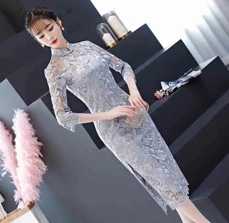 Verano nueva de encaje bordado Cheongsam современный сексуальный Qi Pao bata Восточный las mujeres chino tradicional ropa vestido rosa