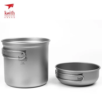 

Keith Titanium Pots Set Camping Cookware Tableware With Folding Handle Cutlery Picnic Cooking Set Pot Bowl Set 0.4L+1.2L Ti6051