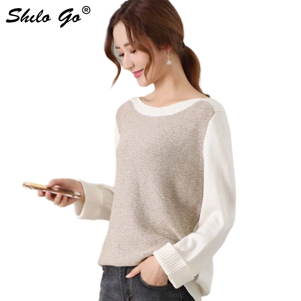 100% Cotton Shoulder Off Sweater Women Spring Plus size Casual Long Sleeve Sweater Tops Streetwear Patchwork Pullover Jumper