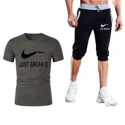 Качество Для мужчин наборы футболки + Брендовые мужские шорты одежда два Костюм из нескольких предметов спортивный костюм модная