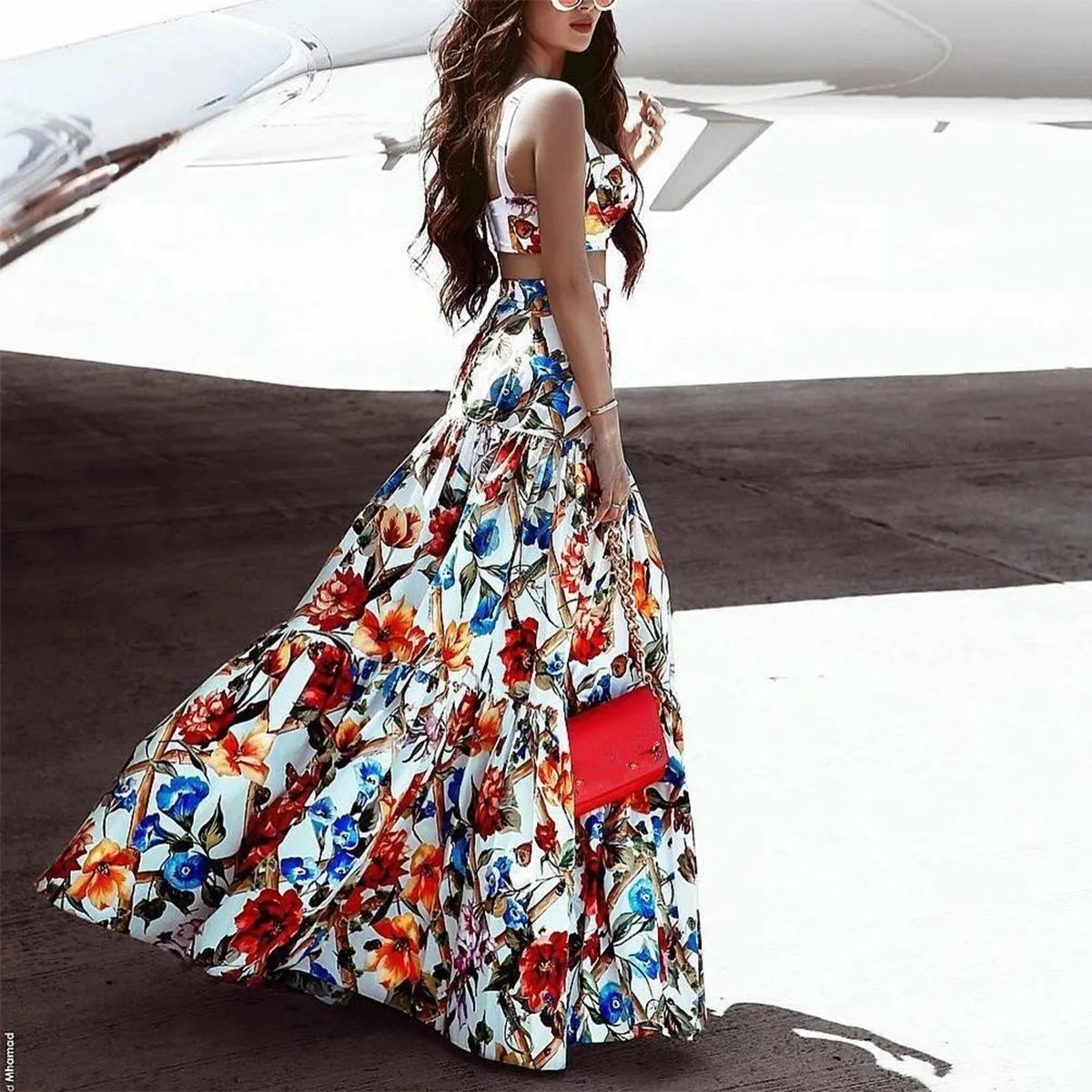 

Fashion Plus Size Set 2019 New Sexy Floral Print Two Piece Set Women Fashion Beach Maxi Skirt Suits Party Skirt Overalls