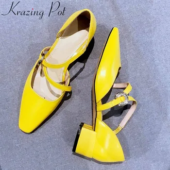

Krazing Pot pretty girls slip on chunky heels slip on square toe genuine leather big size party wedding women hollow sandals L35