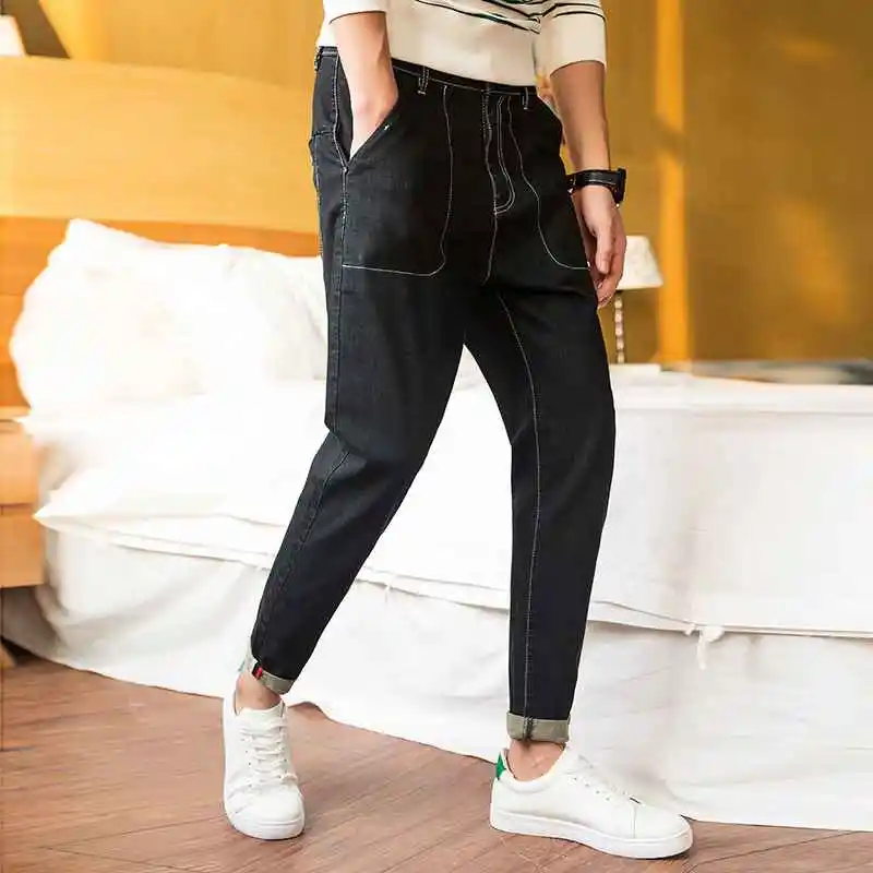 

#1427 2017 Cone hanging crotch jeans Harem Black jeans men Fashion Ankle-length Biker jeans men Quality jeans Harajuku
