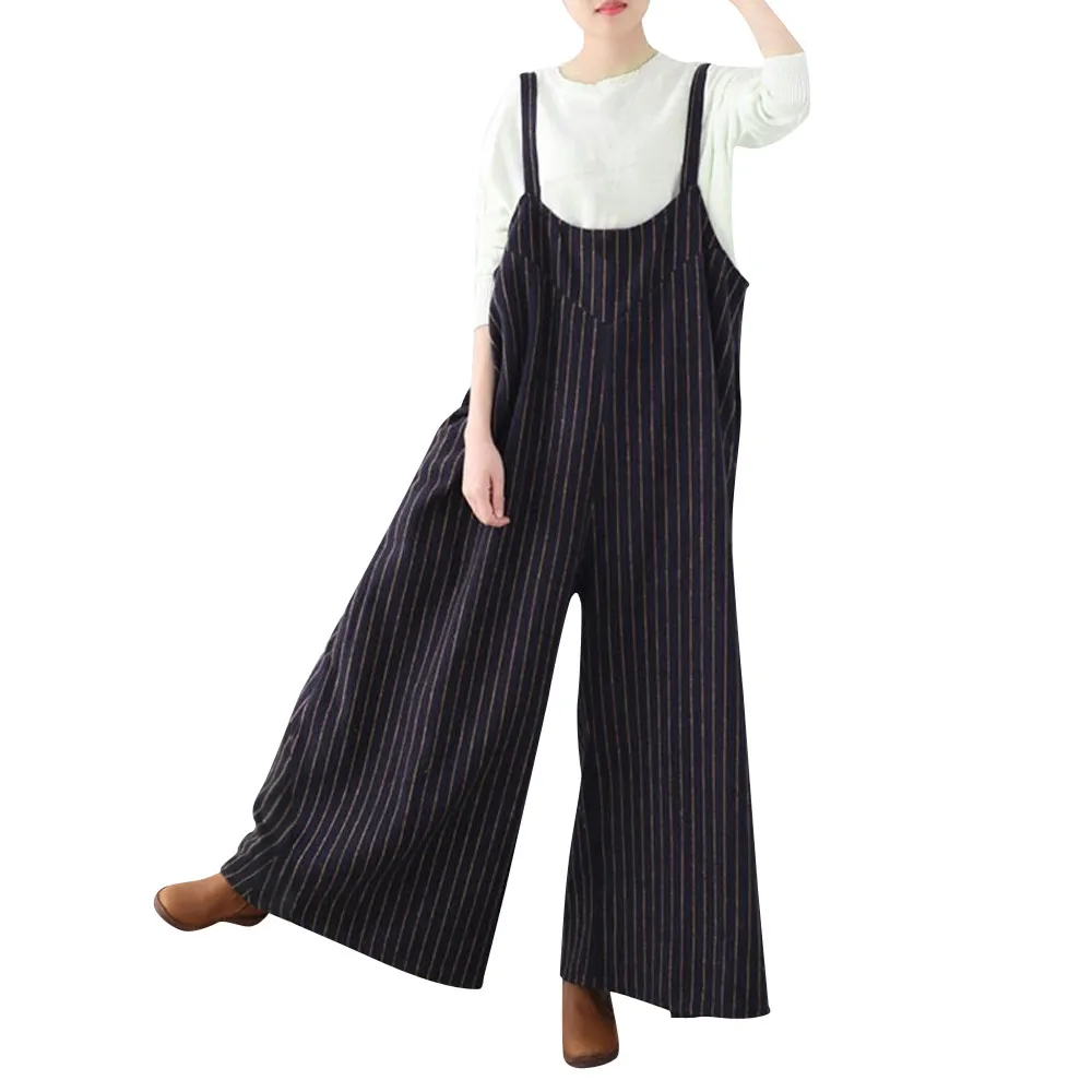 

2018 Women's Loose stripe Fitted Trousers Summer Strap Covered Casual One-piece Jumpsuit Large size clothing S-NEW