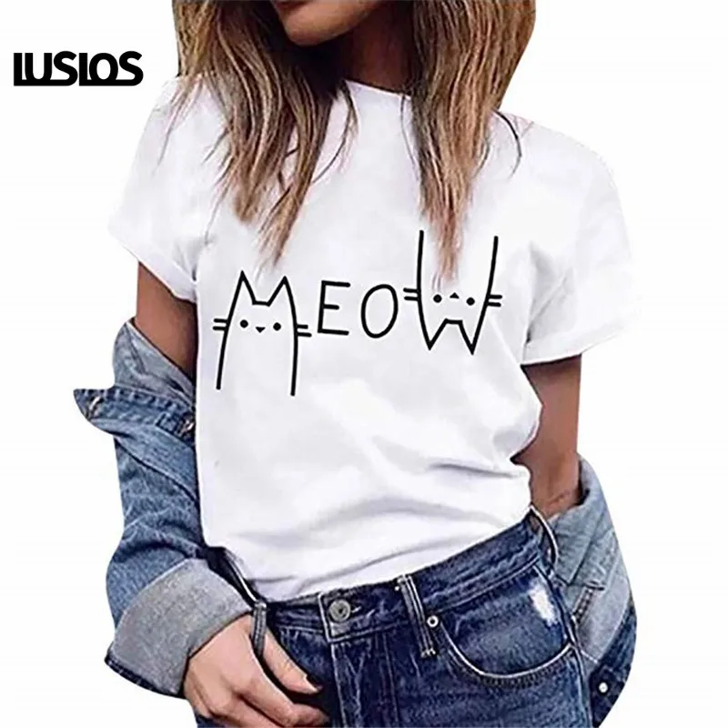 

LUSLOS Meow Cute Cat Print Female T Shirt Summer Women 2019 Cat Lover White Tshirt Cartoon Print Hommer Harajuku T-shirts