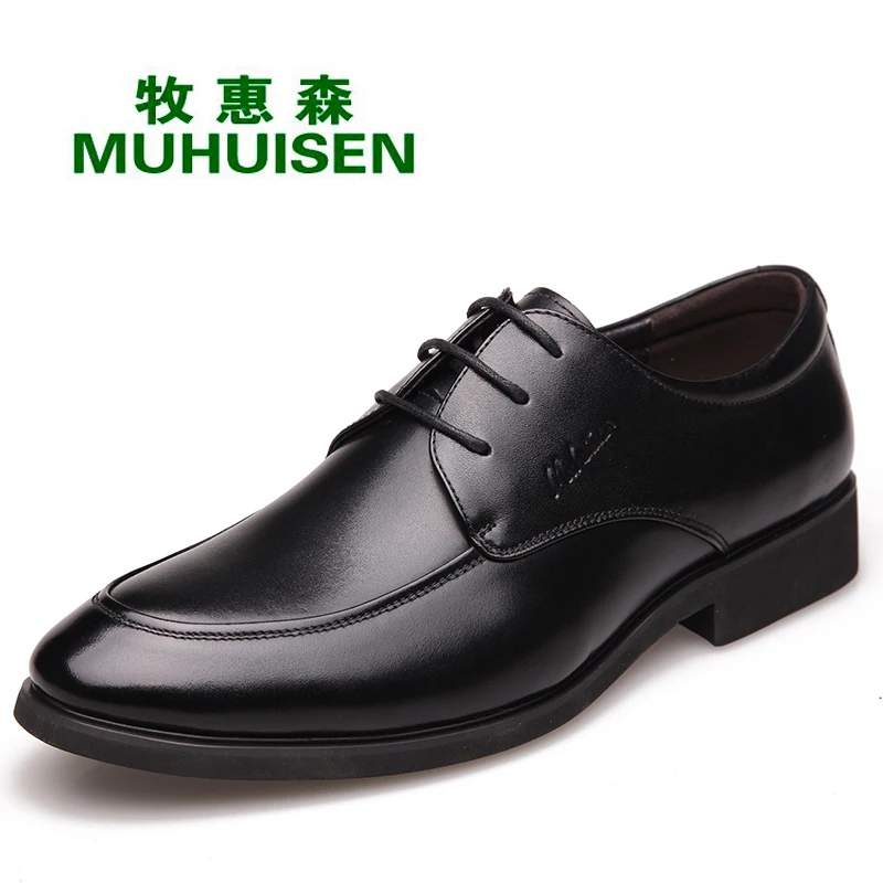 

Muhuisen Soft Leather Men Dress Shoes For Fashion Business Men`s Dress Leather Shoes Genuine Leather Male Round Toe Shoes