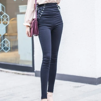 

Fashion Lace Up High Waist Pencil Pants Women Casual Korean Bandage Slim Fit Ladies Trousers Fleece Warm Streetwear Pants