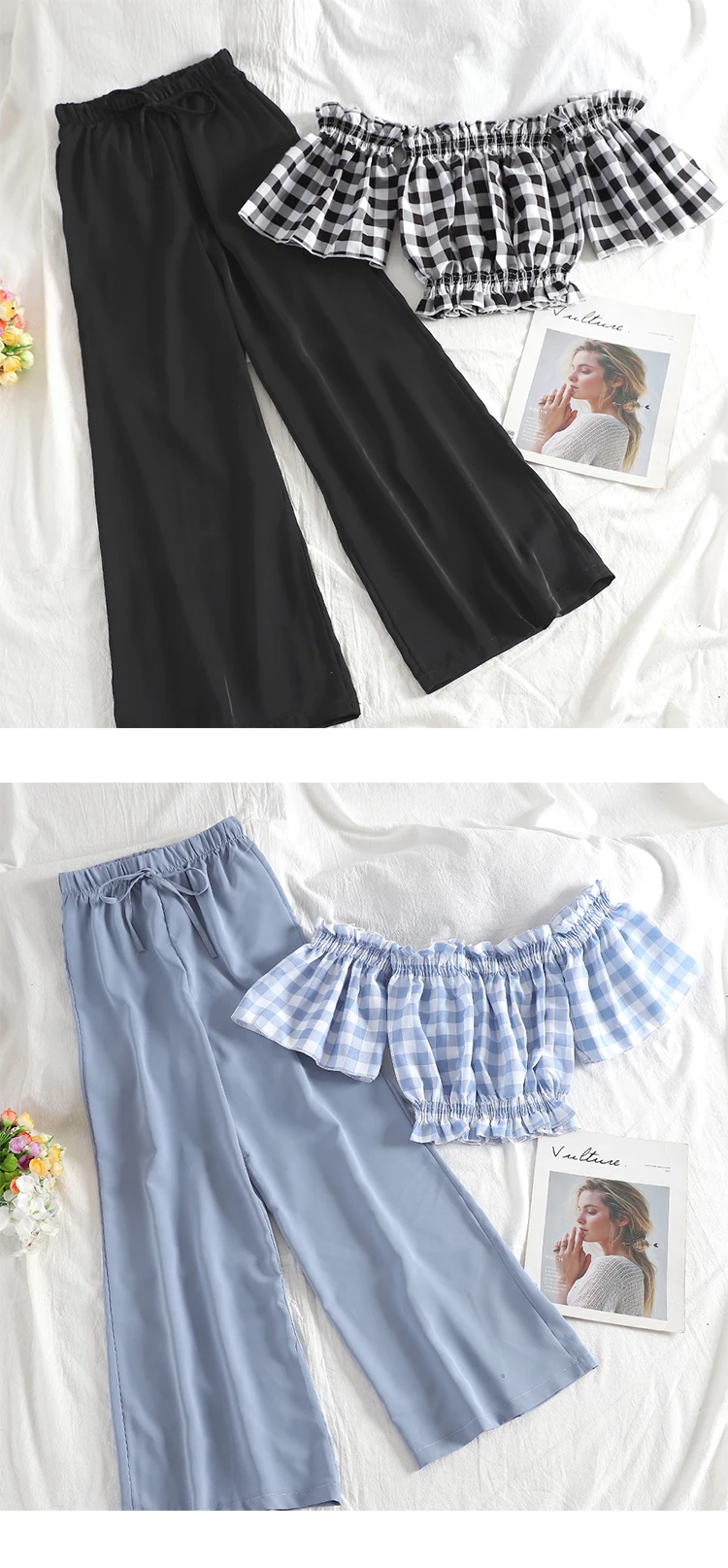 Fashion Women Two Piece Set Top And Pants Sexy Slash Neck Plaid Crop Top + Solid Broad-legged Trousers 2019 New Summer Suit Set