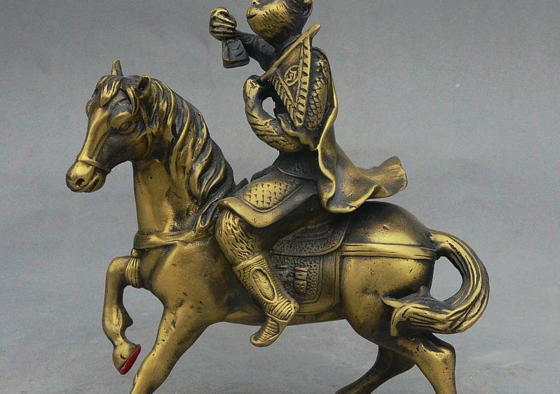 

8" China FengShui Bronze Wealth King Monkey Ride Horse Hold Signet Flag Statue