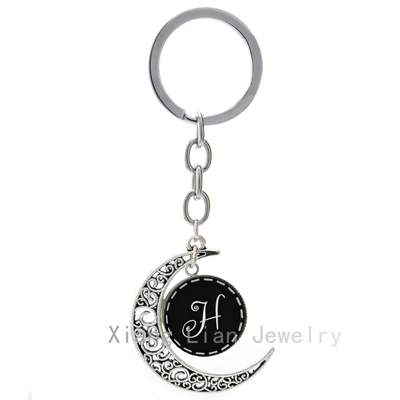 

Vintage elegant music note charm letter H moon pendant keychain handmade fashion Circle Monograms keyring key chain jewelry T343