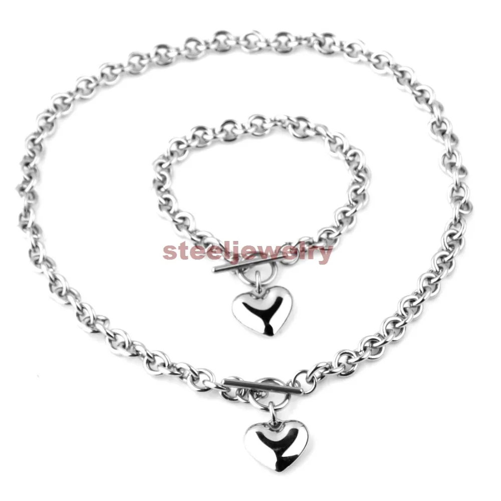 Модный стиль женский серебряный нержавеющая сталь твердое сердце ожерелье с подвесками браслет комплект ювелирных изделий подарок на день матери