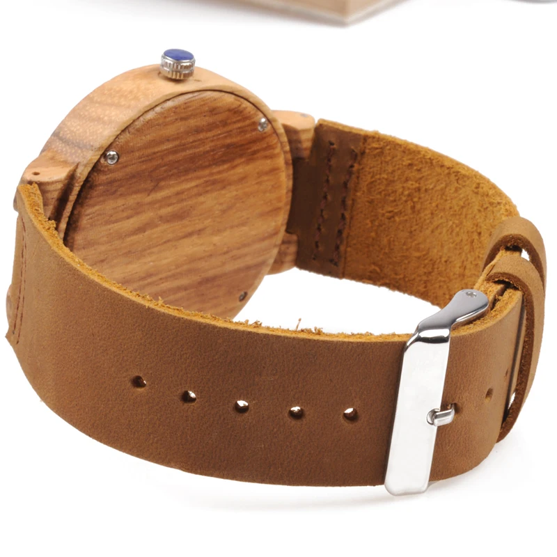BOBO BIRD WbC20 Male Zebra Wooden Watches with Yellow Second Pointer and Soft Brown Leather Band for Men