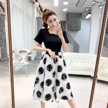 

2019 Summer Korean Short Sleeve T-shirts And Skirts Woman High Waist Women Clothes Korean 2 Piece Set Printing Preppy Style