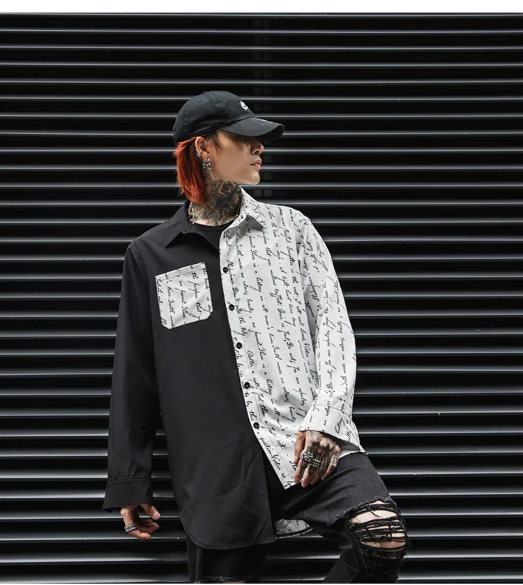 Asymmetric design punk rock hip hop men long shirt Korean fashion printed vintage shirts man harajuku casual blouse streetwear