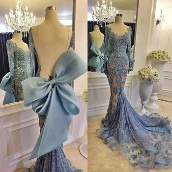 

2019 Elegant Lace Prom Dresses Long Sleeve Sheer Neck Applique Court Train Mermaid Evening Gowns For Arabic Women Wear