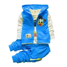 Комплекты одежды для мальчиков весенний комплект одежды с рисунком Дональда Дака для мальчиков и девочек, жилет с капюшоном+ рубашка с длинными рукавами+ штаны комплект из 3 предметов
