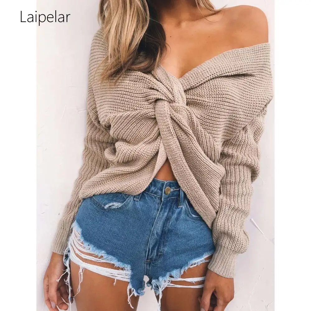 

Laipelar Retro 4 colors V Neck Twisted Back Sweater Women Jumpers Autumn Pullovers Casual Tops Long Sleeve Knitted Sweaters pull