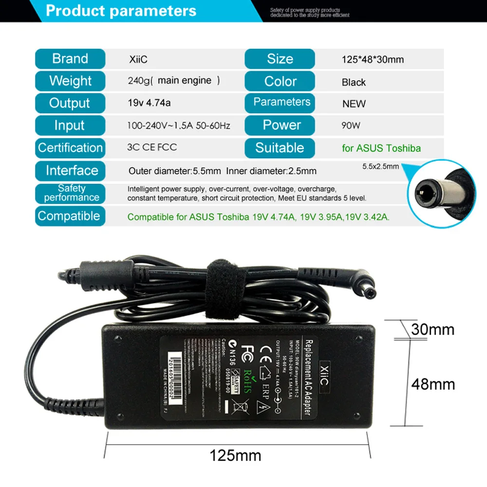 Xiic 19V 4.74A AC 5,5*2,5 мм 90 Вт Зарядное устройство Питание ноутбук адаптер переменного тока для ASUS Toshiba A46C X43B A8J K52 U1 U3 S5 W3 W7 Z3 F5VZ F8