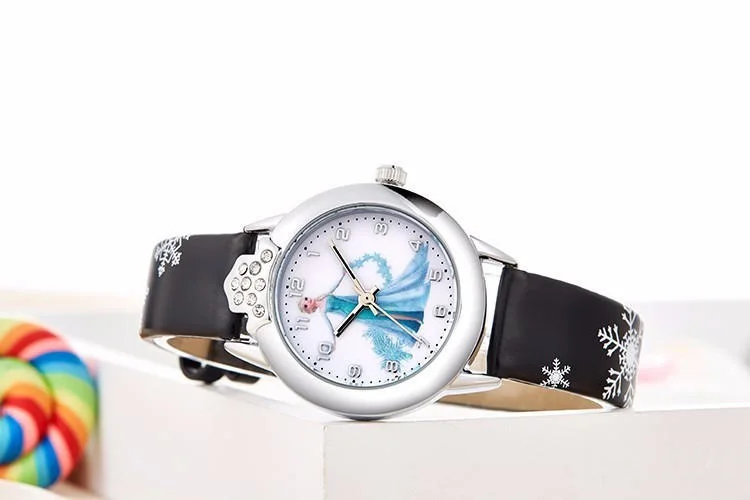 fashion kids children girls boys 3D cartoon snow Queen Princess Watch students sister birthday gift party quartz wrist watches - Цвет: Black