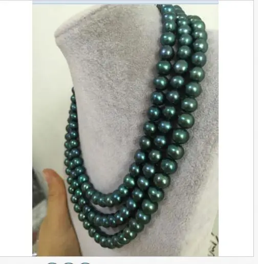 

triple strands AAA 8-9mm tahitian peacock green pearl necklace 18" 14KGP