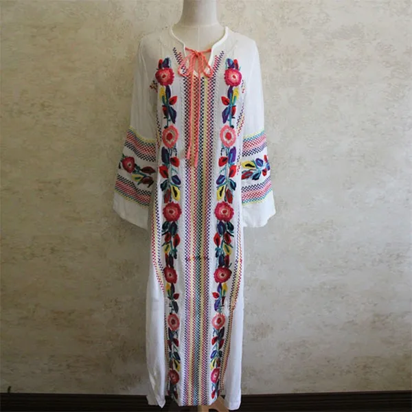 Женское длинное этническое винтажное цветочное вышитое хлопковое свободное пляжное хиппи длинное платье Бохо боковое платье макси с длинным рукавом