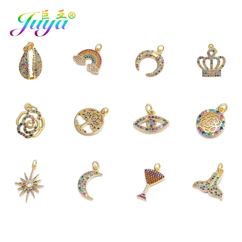 

Juya DIY Accessories Supplies Multicolor Cubic Zirconia Shell Crown Star Moon Rainbow Evil Eye Rose Flower Charm Pendants