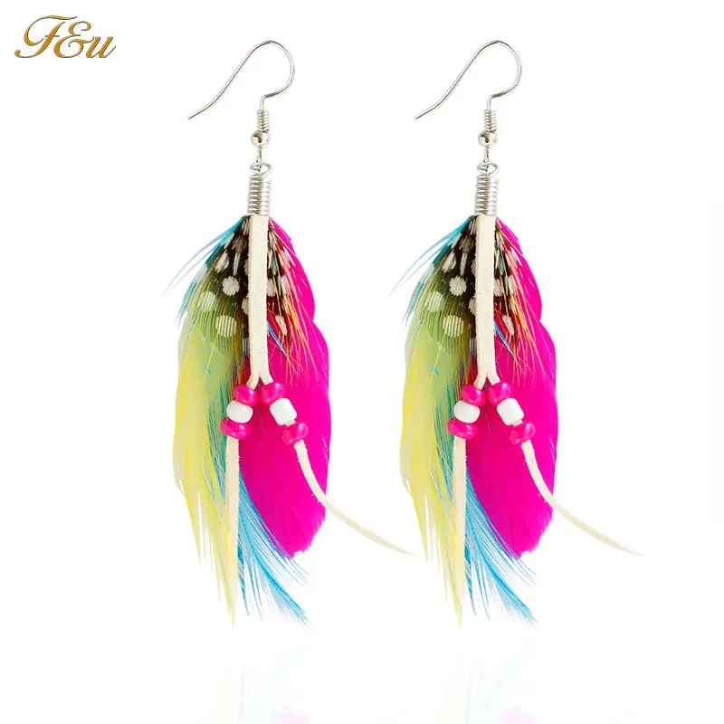 

F&U Colorful Feather Earrings New Arrival Unique Design Silver Color Hook Dangle Earrings Boho Folk Style Jewelry Earrings