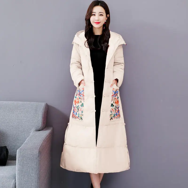 

Vintage Embroidered Winter Down Cotton Jacket Women Parka Thick Long Overcoat Warm Hooded Parkas Coat Women Plus Size 4XL C5684
