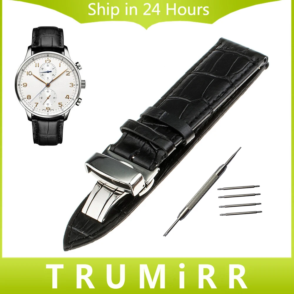 Prix pour 20mm 22mm Véritable Bracelet En Cuir pour IWC Montre Alligator Bande Sangle De Grain En Acier Inoxydable Butterfly Boucle Bracelet + outils Prix pour 20mm 22mm Véritable Bracelet En Cuir pour IWC Montre Alligator Bande Sangle De Grain En Acier Inoxydable Butterfly Boucle Bracelet + outils
