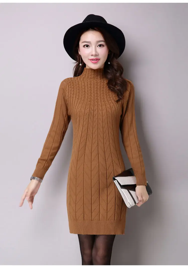 Kukombo Autumn Winter Solid Knitted Cotton Sweater Dresses New Women F