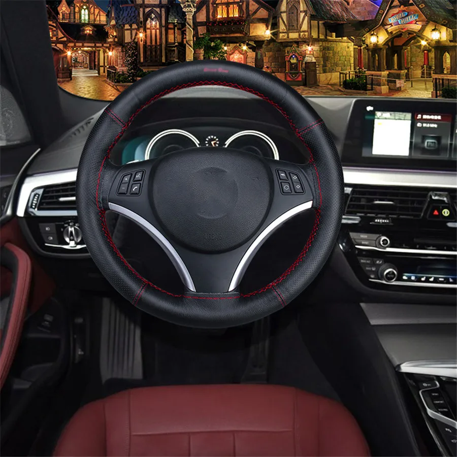 

Black Wear-resistant Auto Steering Wheel Cover Soft Real Leather Fits 37-38 Cm Car Styling for Ford Mondeo Mk4 Lada Vesta