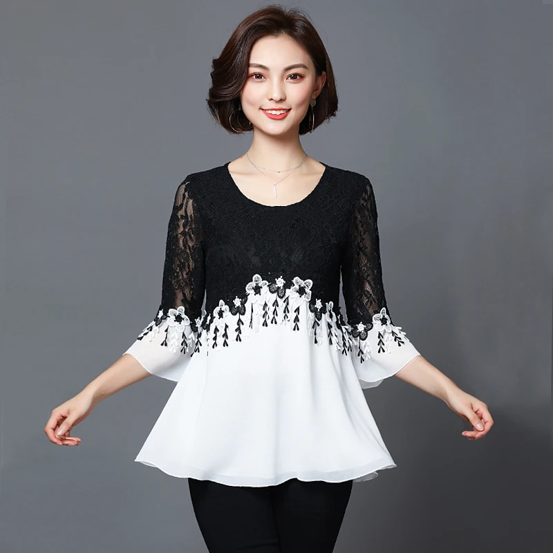 Женская шифоновая блузка с рукавами колоколами и вышивкой|flare sleeve|lace shirtlace chiffon top |