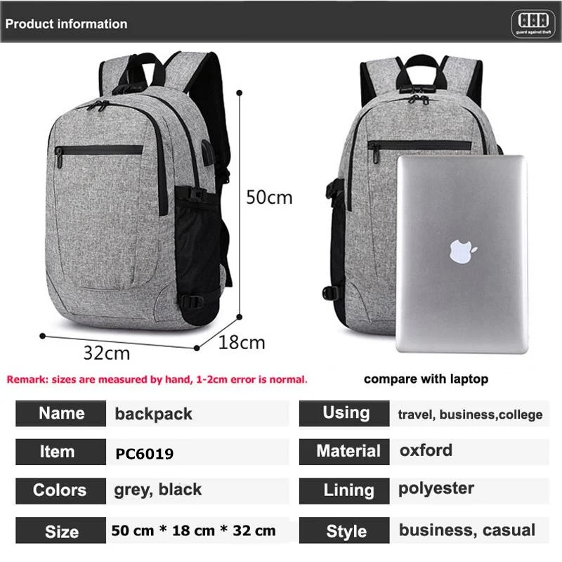 Mochila para hombres, Mochila antirrobo, auriculares USB, Mochila para ordenador portátil, Mochila para hombres, Mochila de viaje de moda informal 2018