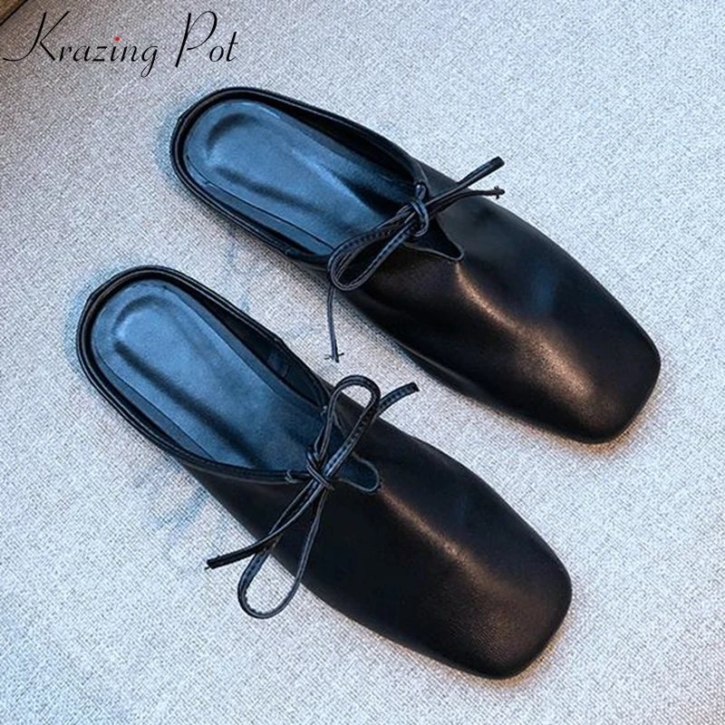 

Krazing Pot brand slip on full grain leather square toe flat with bowtie summer slipper solid color preppy style lazy mules l12