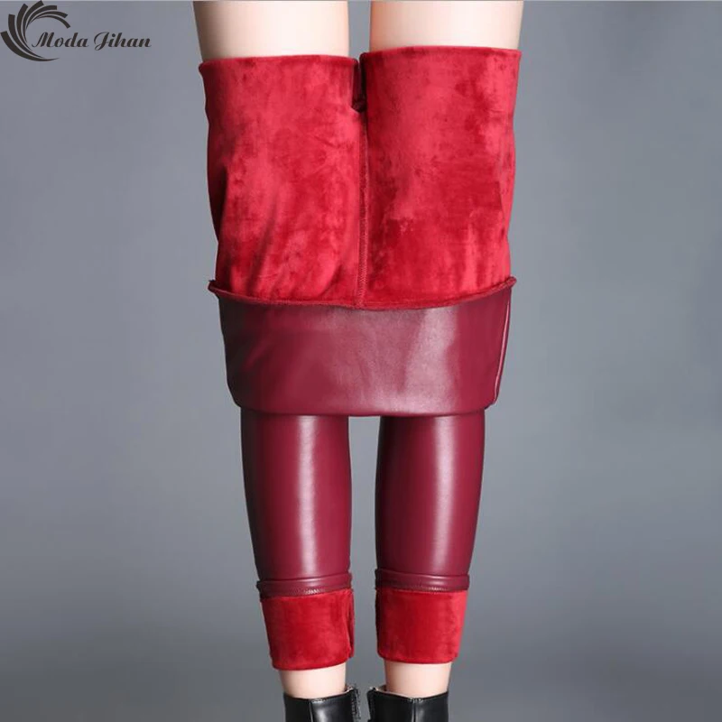 

Moda Jihan Women Faux Leather Winter Pants Warm PU Plus Velvet Skinny Female Elastic High Waist Stretchy Plus Size Pencil Pants